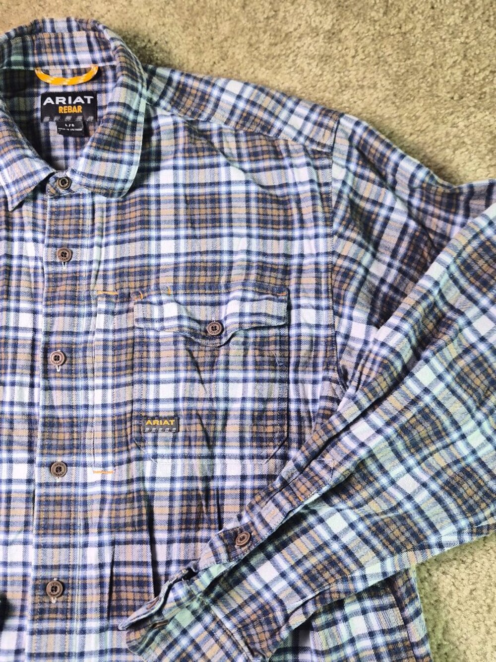 Ariat Rebar Flannel Shirt Mens Size L Blue Plaid Button Up Work Wear Heavy F868